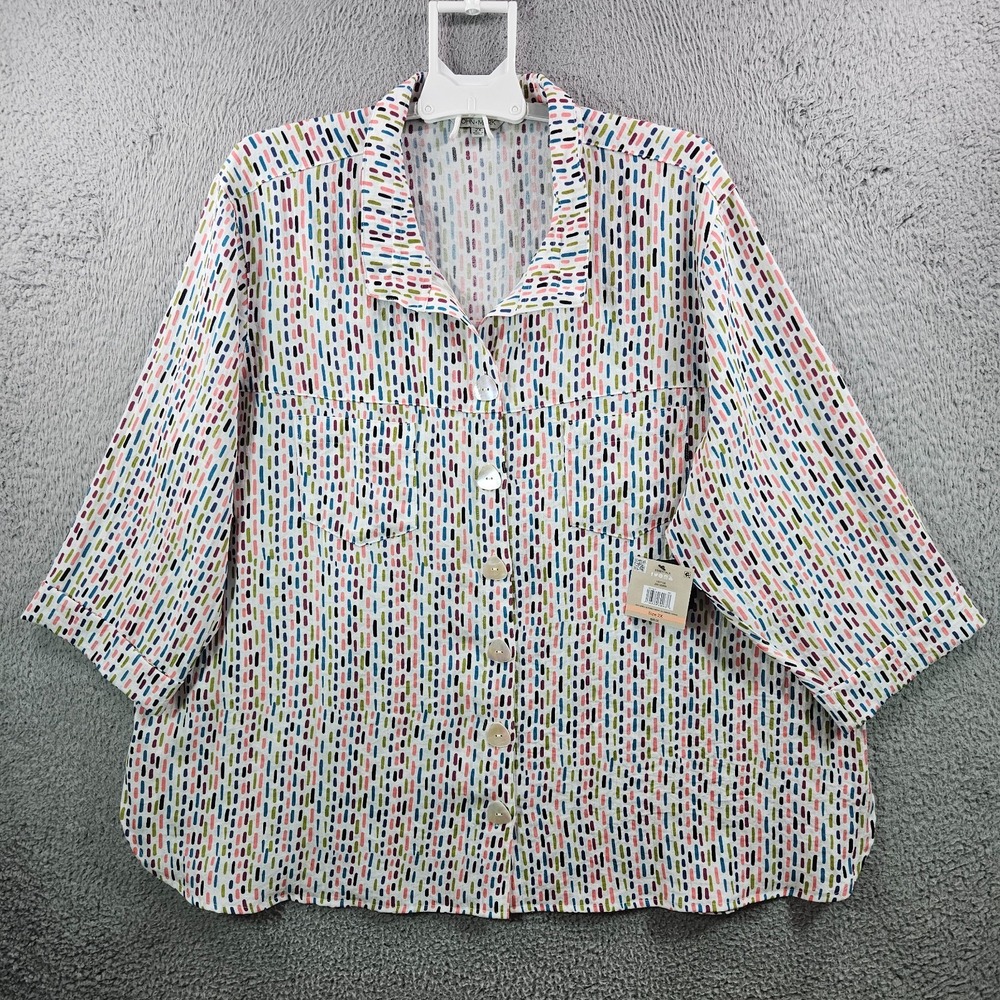 NEW John Mark Shirt Top Women 2X Button Up Geometric Print Colorful